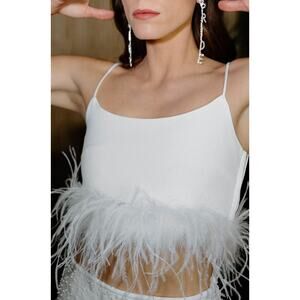 Elegant White Feather Trim Crop Top